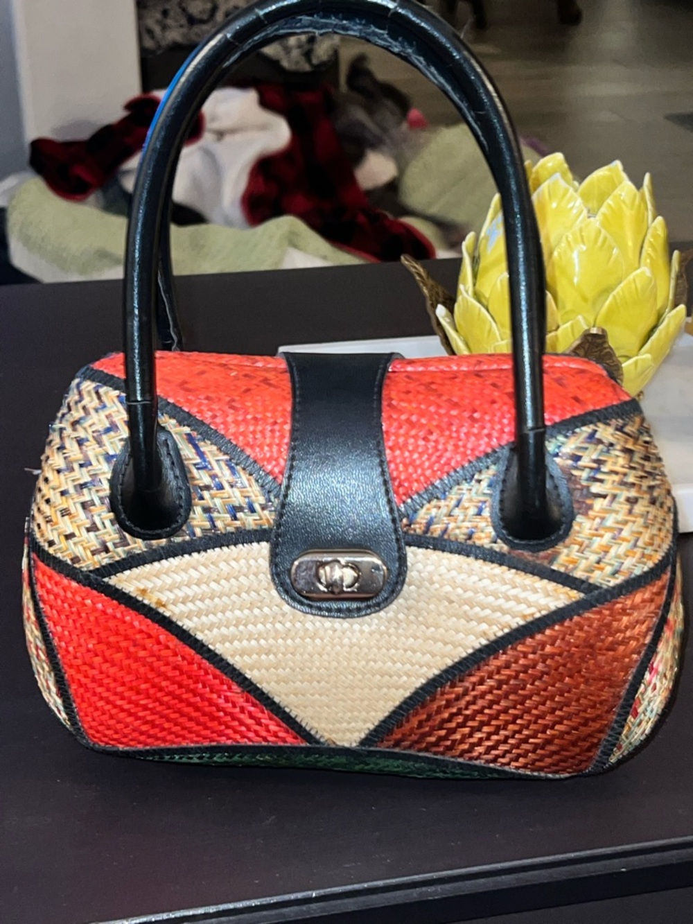 Vintage Woven Straw Accent Satchel - Red, Tan & Black - Picture 2 of 7